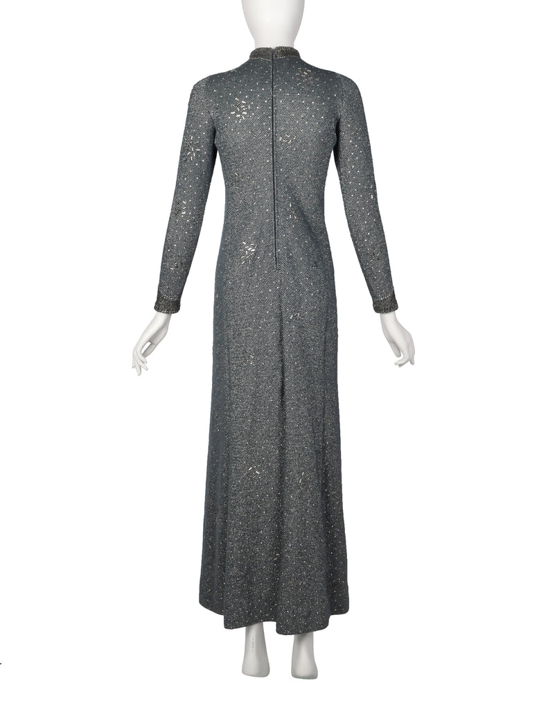 Pauline Trigere Vintage 1970s Deep Teal Green and Silver Knit Rhinestone Embellished Gown with Shawl