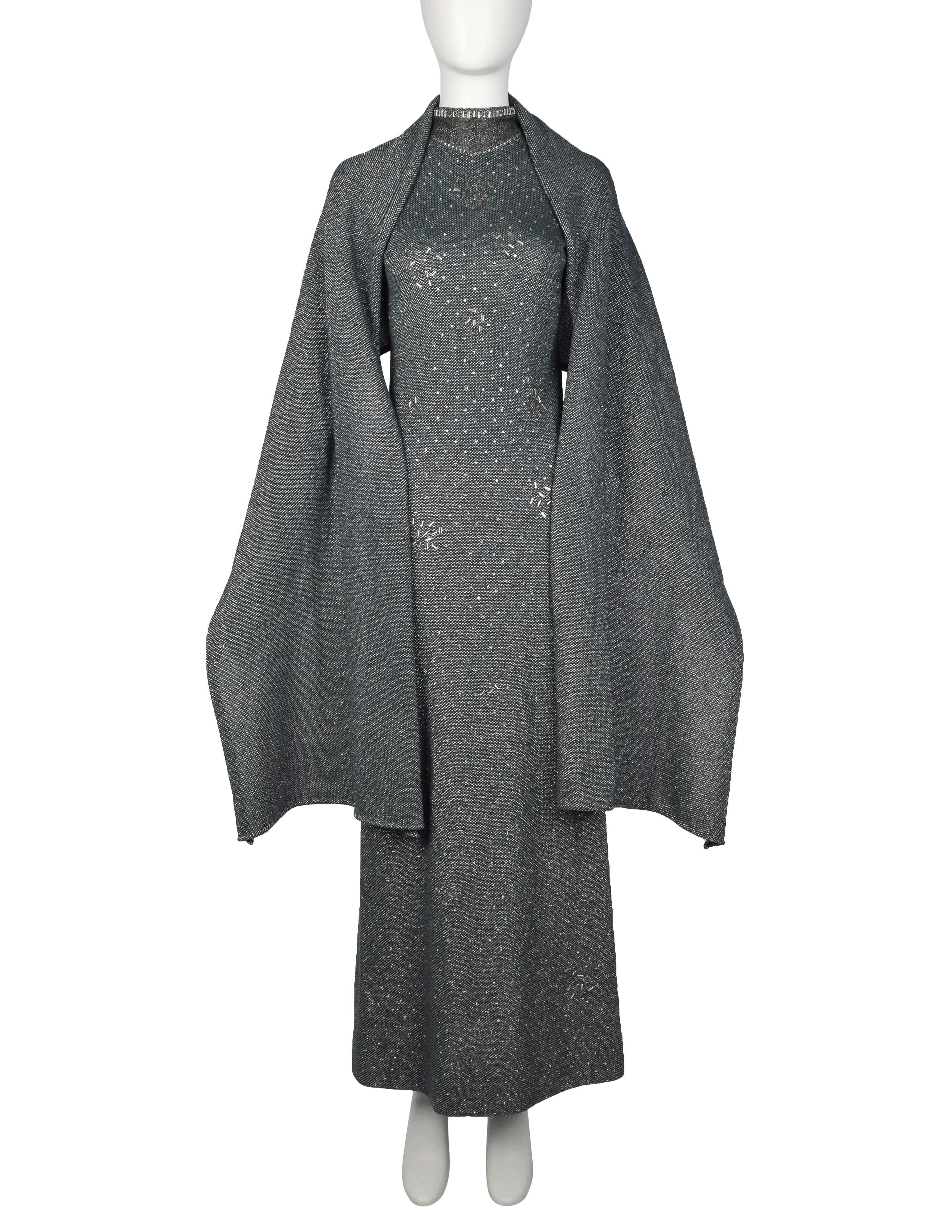 Pauline Trigere Vintage 1970s Deep Teal Green and Silver Knit Rhinestone Embellished Gown with Shawl