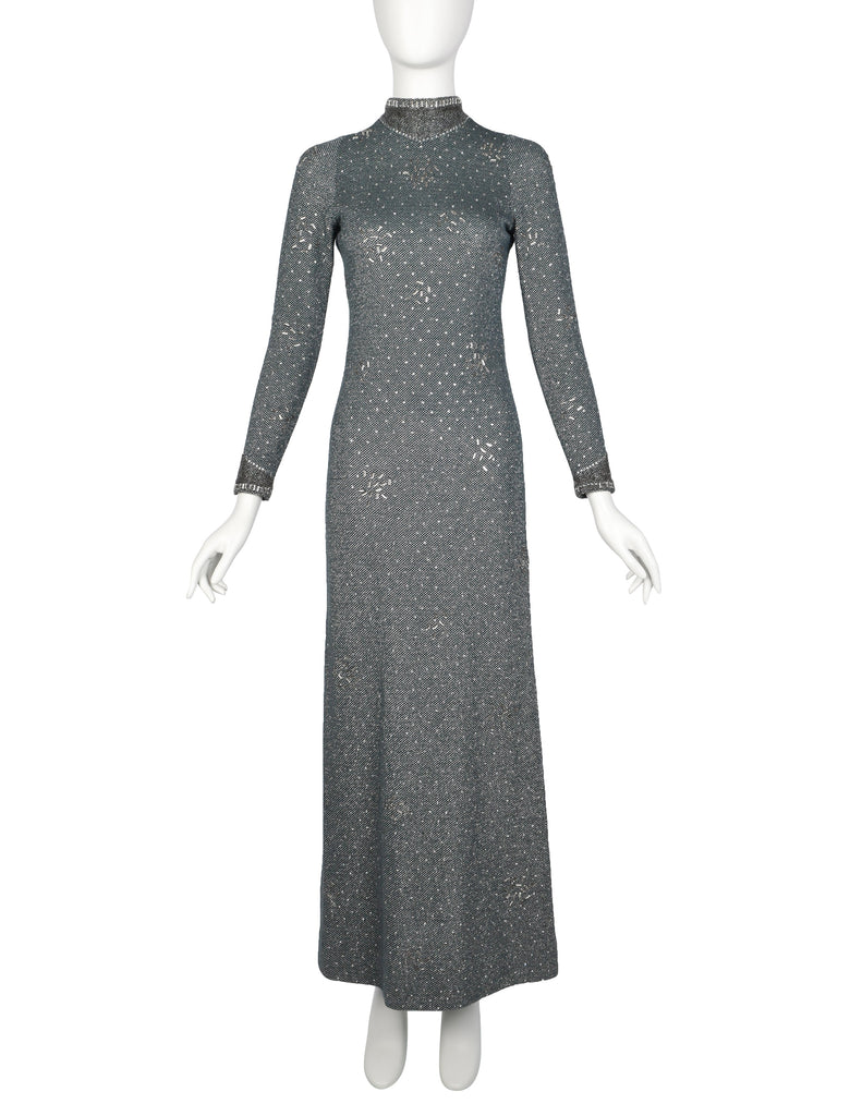 Pauline Trigere Vintage 1970s Deep Teal Green and Silver Knit Rhinestone Embellished Gown with Shawl