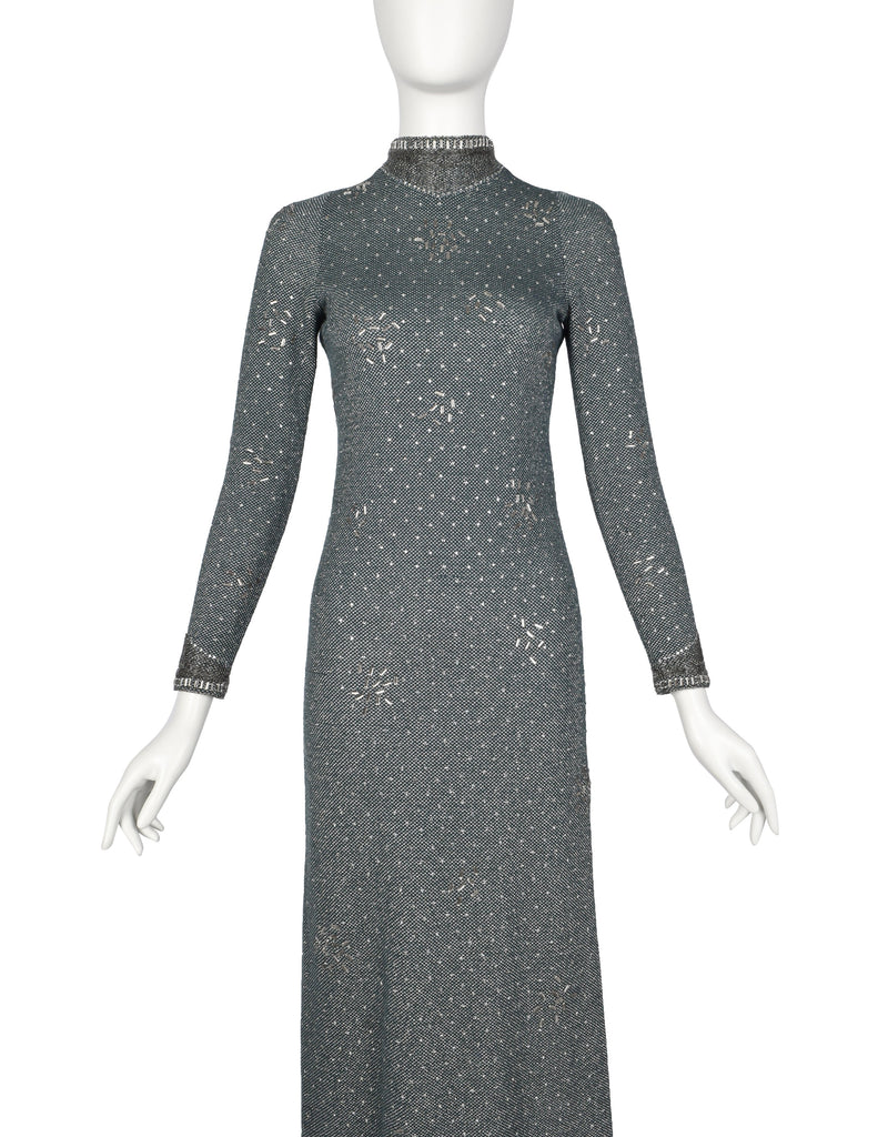 Pauline Trigere Vintage 1970s Deep Teal Green and Silver Knit Rhinestone Embellished Gown with Shawl