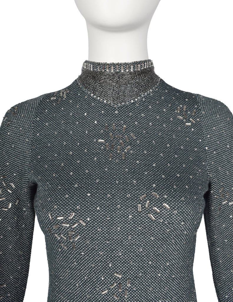 Pauline Trigere Vintage 1970s Deep Teal Green and Silver Knit Rhinestone Embellished Gown with Shawl