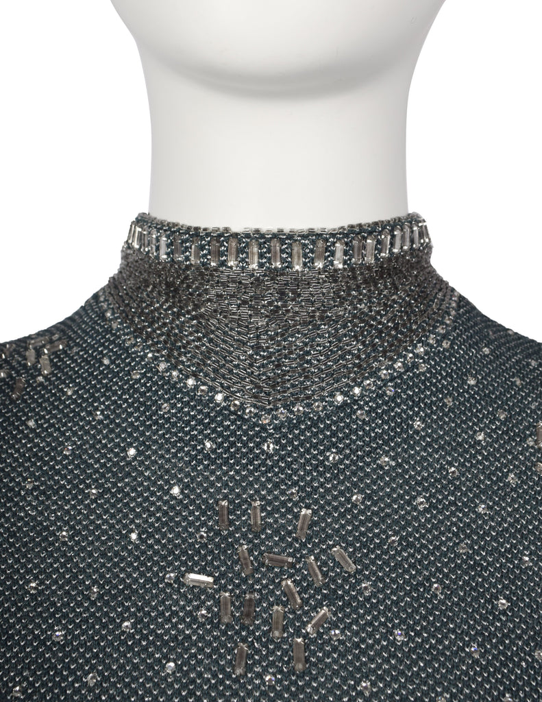 Pauline Trigere Vintage 1970s Deep Teal Green and Silver Knit Rhinestone Embellished Gown with Shawl
