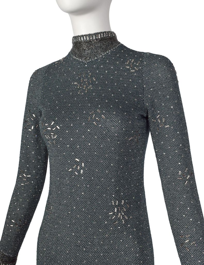 Pauline Trigere Vintage 1970s Deep Teal Green and Silver Knit Rhinestone Embellished Gown with Shawl