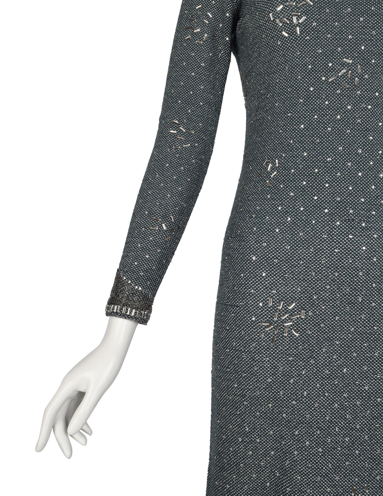 Pauline Trigere Vintage 1970s Deep Teal Green and Silver Knit Rhinestone Embellished Gown with Shawl