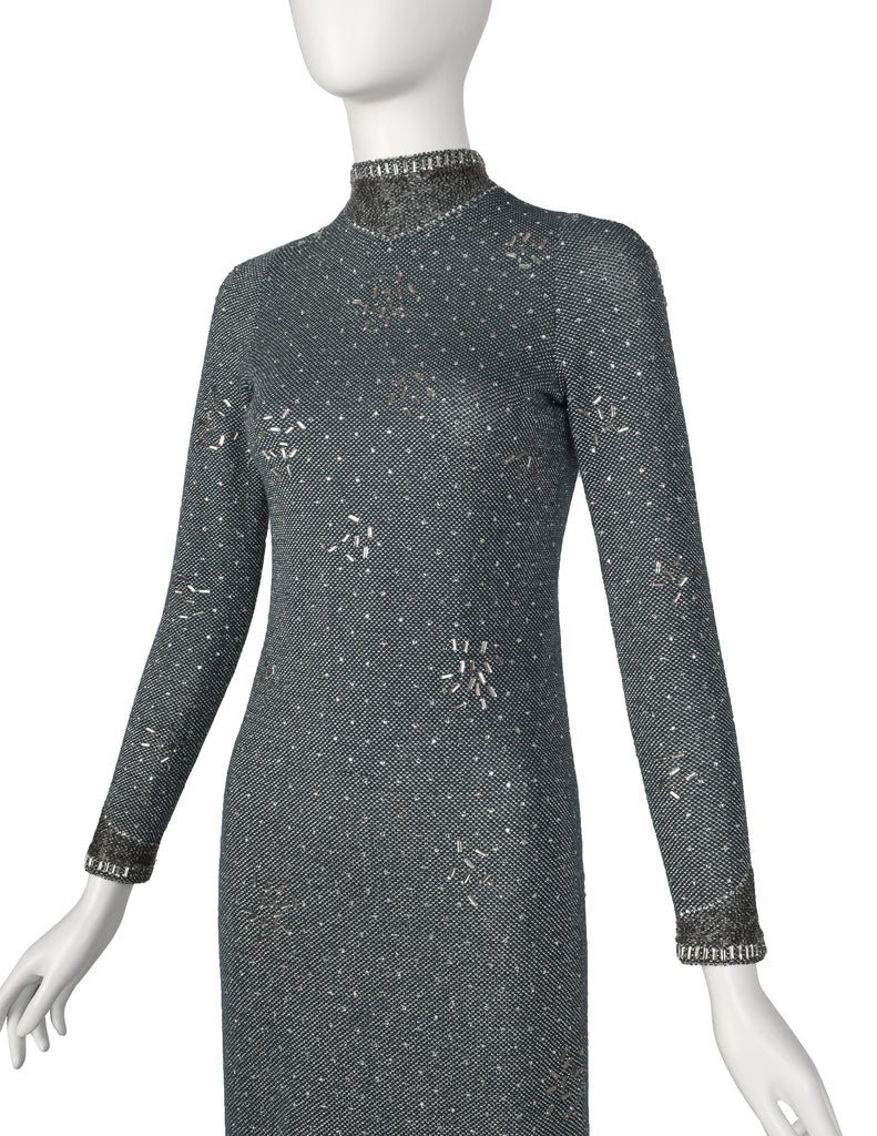 Pauline Trigere Vintage 1970s Deep Teal Green and Silver Knit Rhinestone Embellished Gown with Shawl