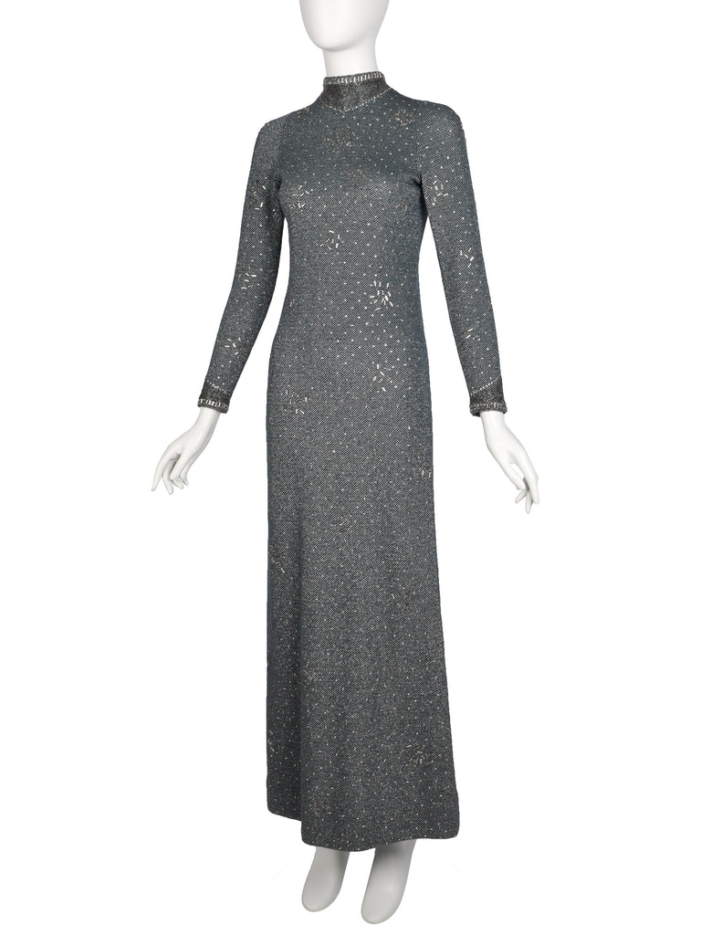 Pauline Trigere Vintage 1970s Deep Teal Green and Silver Knit Rhinestone Embellished Gown with Shawl