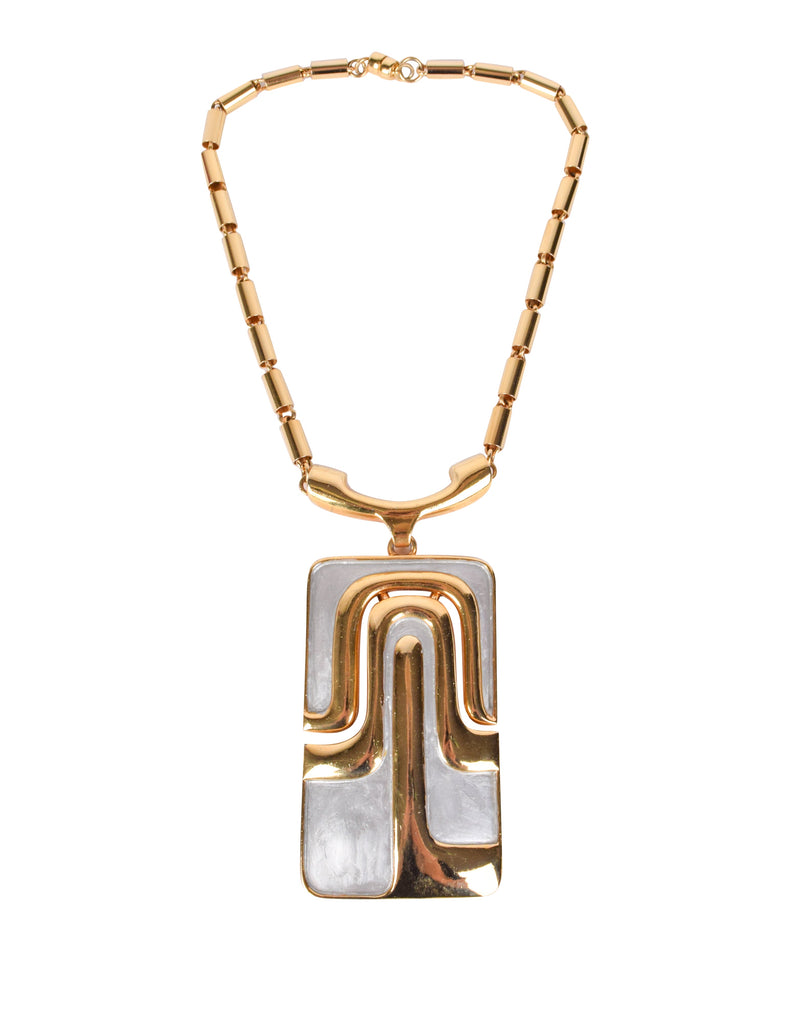Pierre Cardin Vintage 1970s Golden and Silver Enamel Large Modernist Pendant Necklace