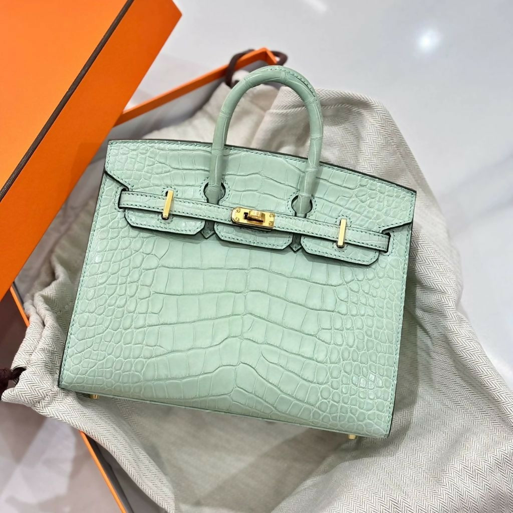 Hermes Birkin 20 Vert d’eaux Matte Crocodile leather sellier with Gold Hardware