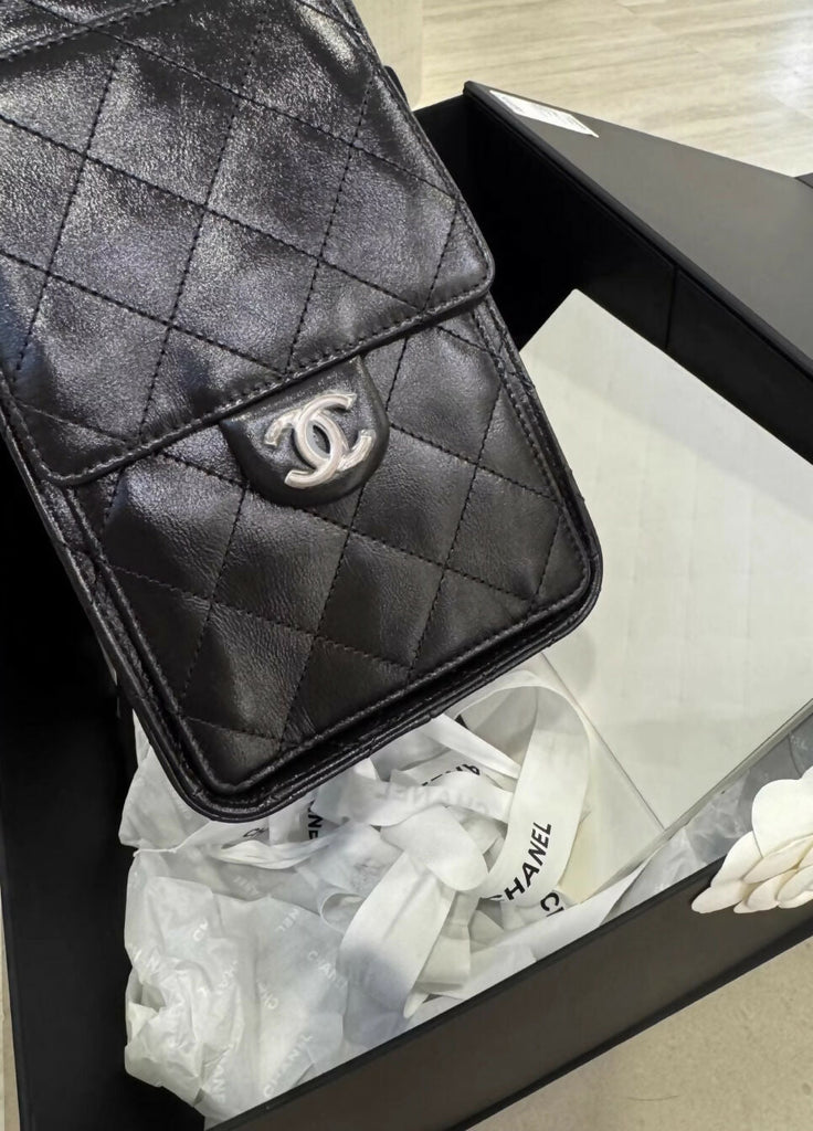 Chanel 25 bag black waxed leather with gold & silver hardware