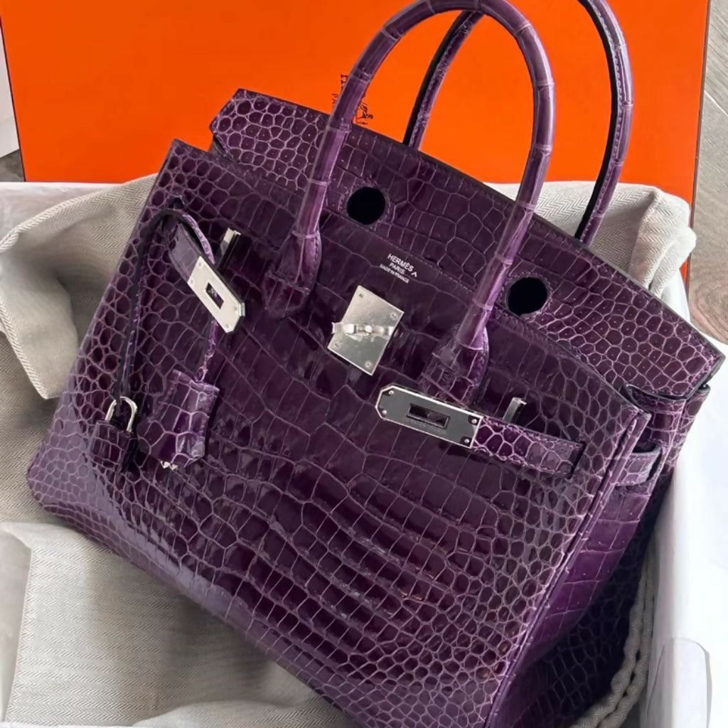 Hermes Birkin 30 Cassis Shiny Crocodile Alligator Palladium Hardware Handbag