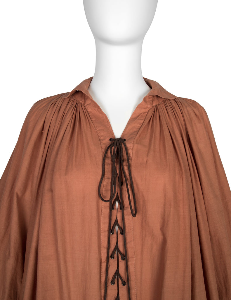 PX Helen Robinson Vintage Terracotta Cotton Lace Up Blouson Sleeve Poet Top