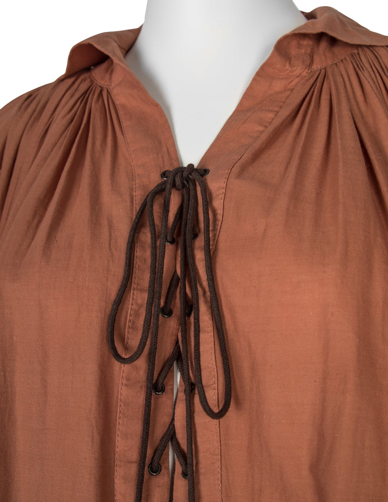 PX Helen Robinson Vintage Terracotta Cotton Lace Up Blouson Sleeve Poet Top