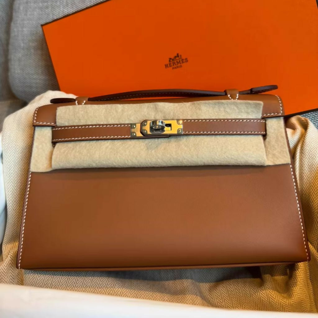 Hermès Mini Kelly Pochette Gold Brown Swift Leather PalladiumHardware