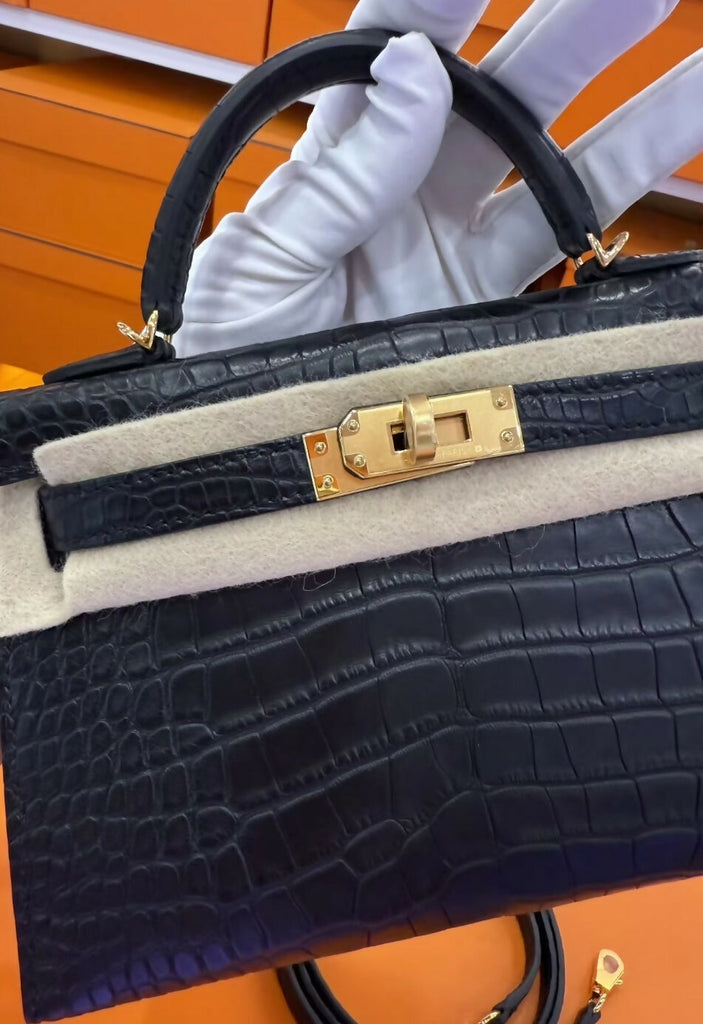 Hermes Mini Kelly Black Matte Crocodile Leather Gold Hardware