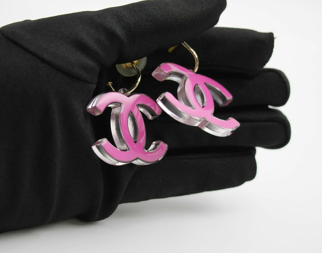 Chanel Vintage 07P Resin Pink and Clear Large CC Drop Hoop Earrings
