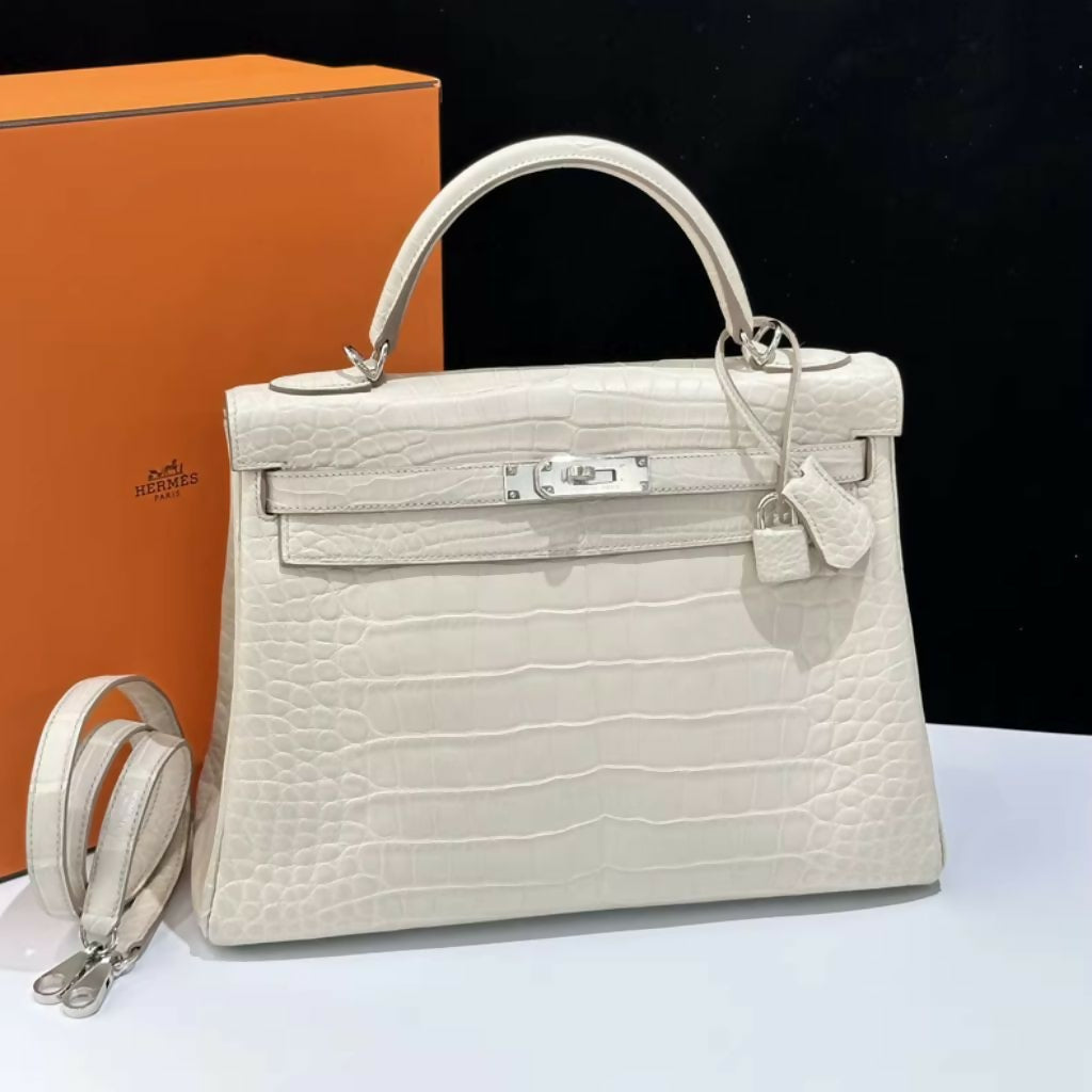 Hermes Kelly 32 Béton Matte Crocodile leather palladium hardware