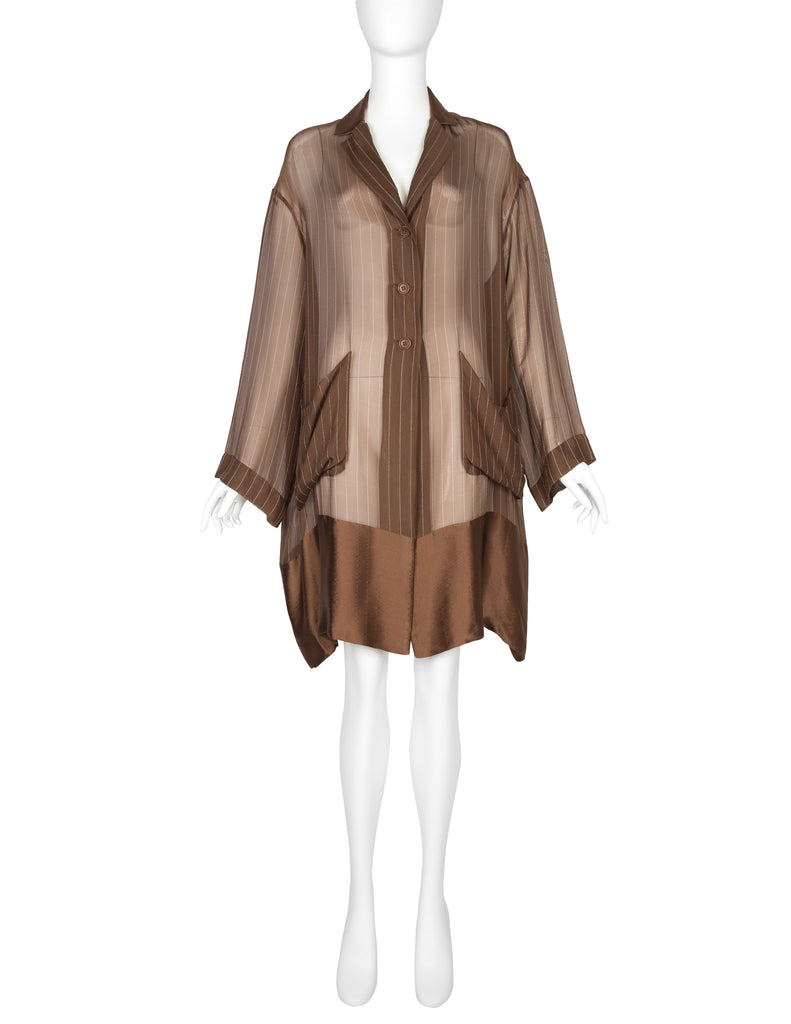 Romeo Gigli Vintage 1990s Pinstripe Mocha Brown Sheer Silk Chiffon Coat