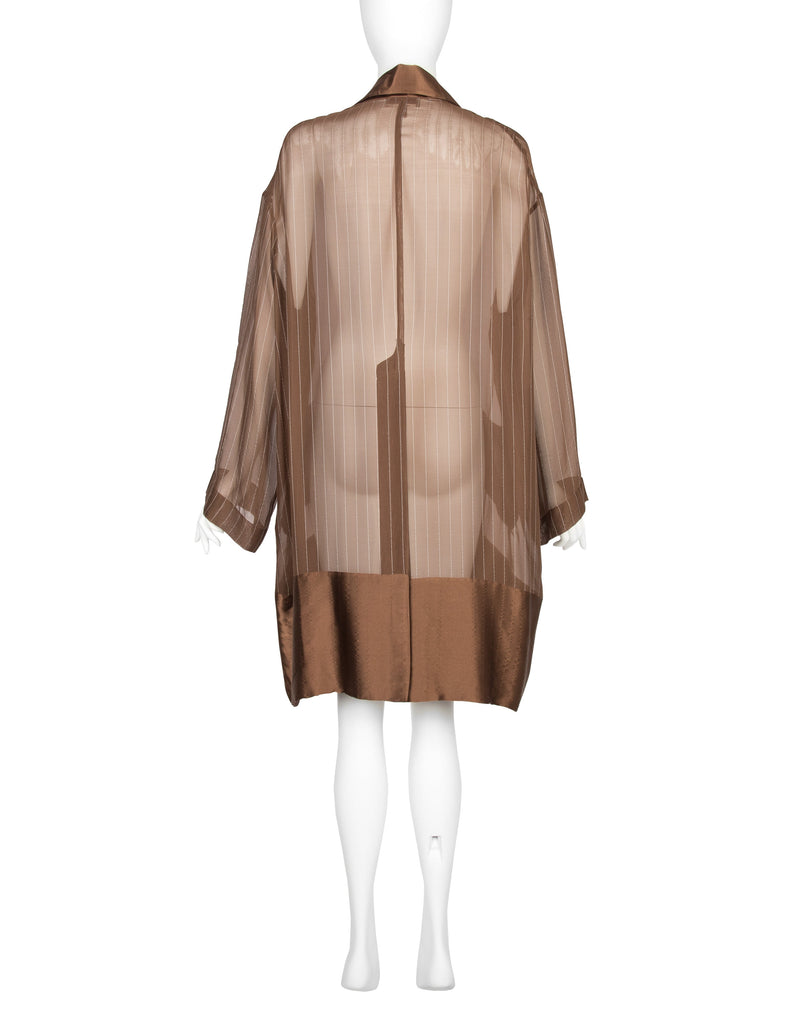 Romeo Gigli Vintage 1990s Pinstripe Mocha Brown Sheer Silk Chiffon Coat