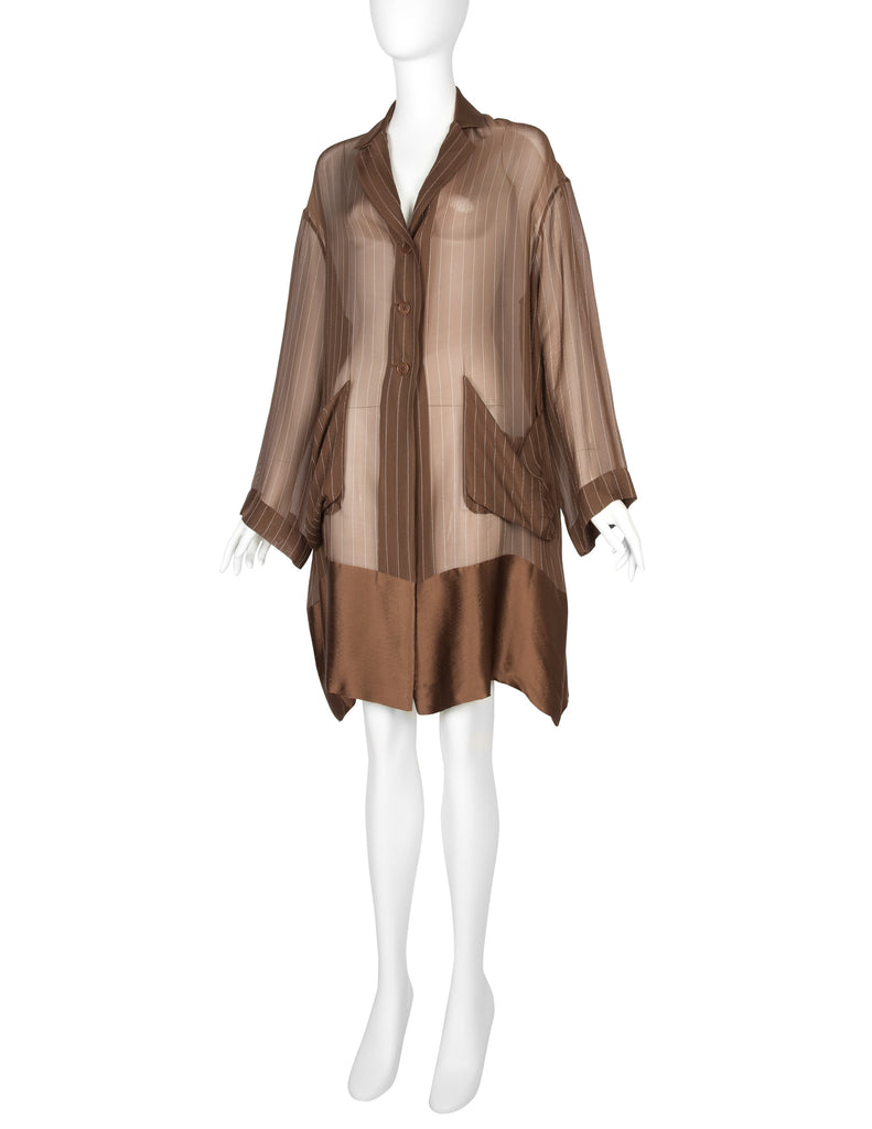 Romeo Gigli Vintage 1990s Pinstripe Mocha Brown Sheer Silk Chiffon Coat