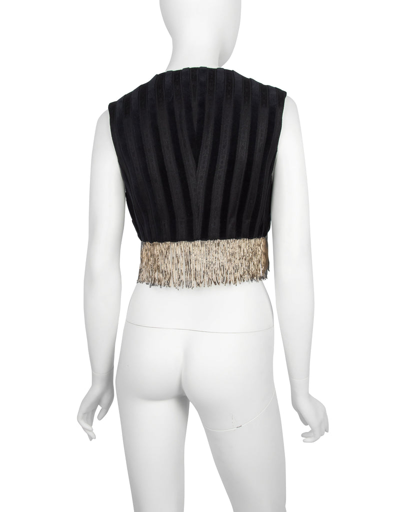 Romeo Gigli Vintage AW 1994 Black and Grey Velvet and Jacquard Golden Chain Fringe Cropped Vest