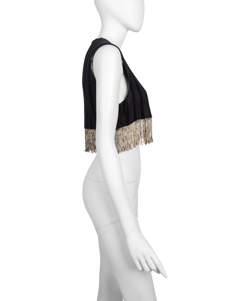 Romeo Gigli Vintage AW 1994 Black and Grey Velvet and Jacquard Golden Chain Fringe Cropped Vest