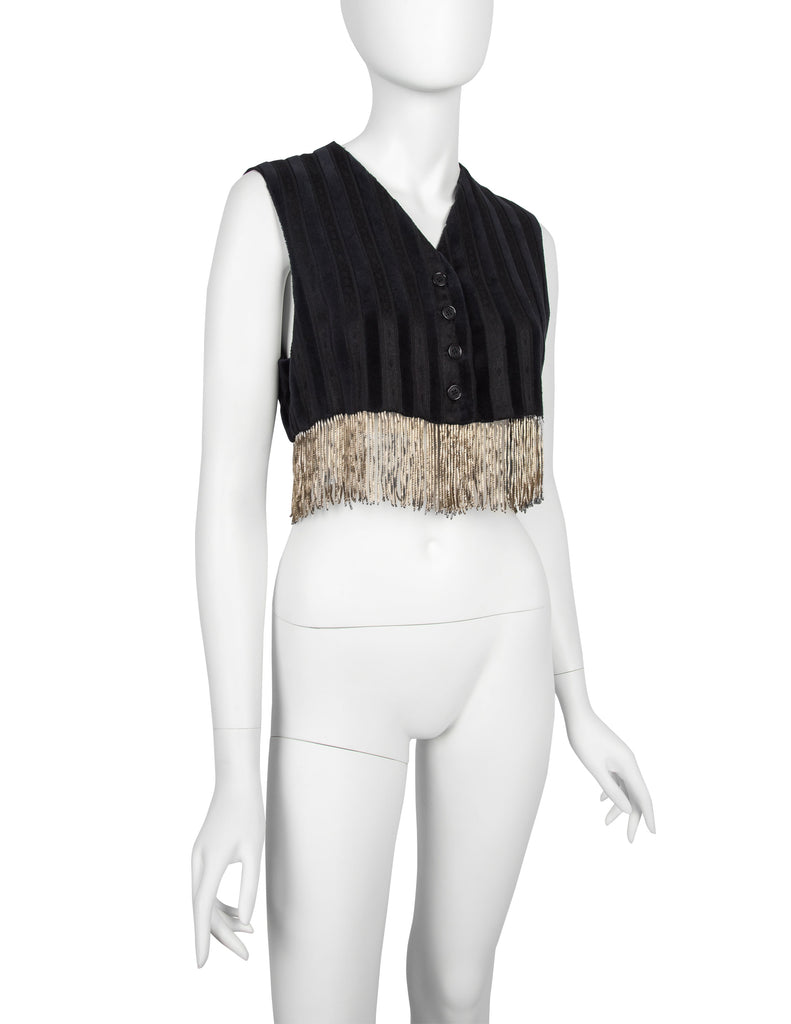 Romeo Gigli Vintage AW 1994 Black and Grey Velvet and Jacquard Golden Chain Fringe Cropped Vest