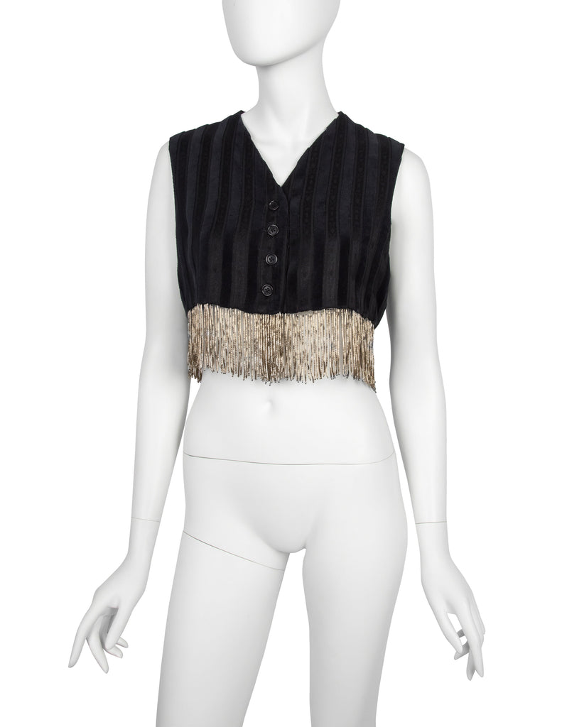 Romeo Gigli Vintage AW 1994 Black and Grey Velvet and Jacquard Golden Chain Fringe Cropped Vest