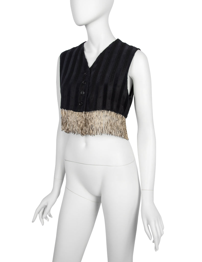 Romeo Gigli Vintage AW 1994 Black and Grey Velvet and Jacquard Golden Chain Fringe Cropped Vest