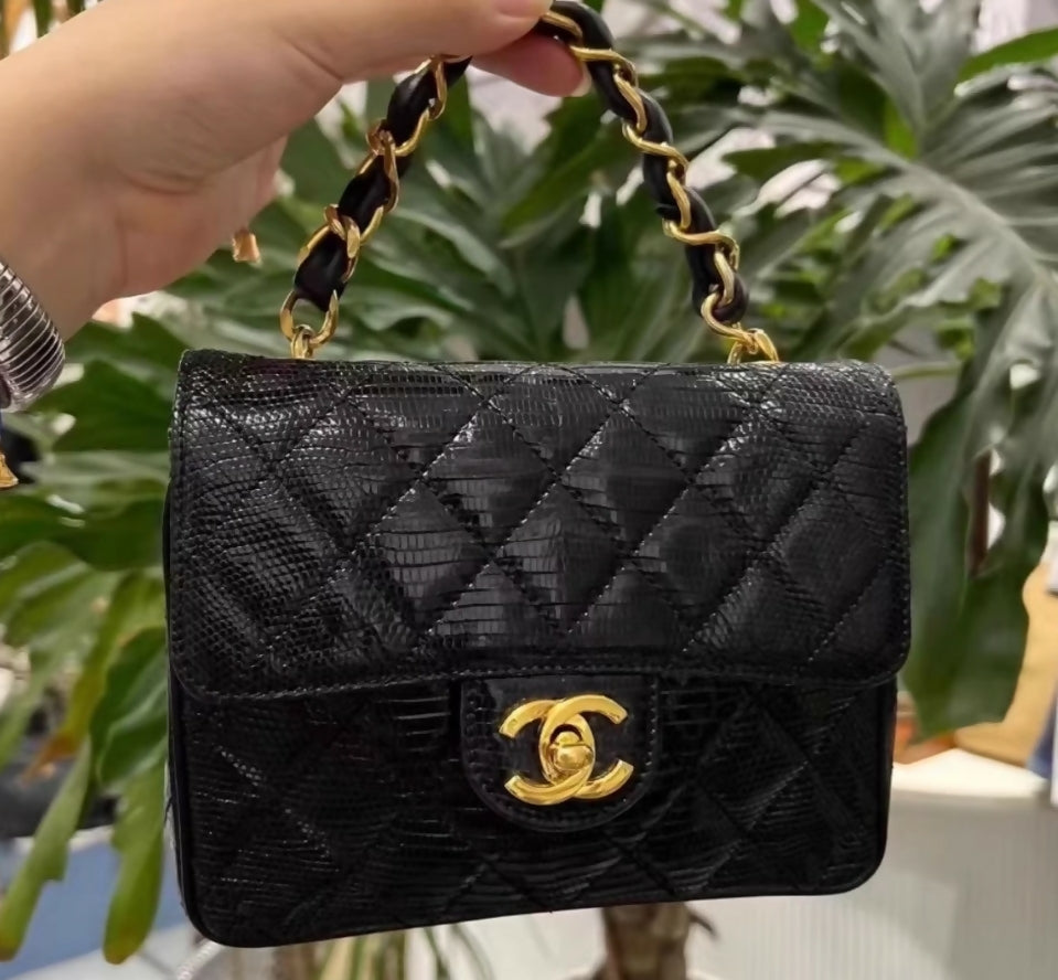 Chanel Vintage Black Lizard Leather Mini Square Flap Bag with Gold Hardware