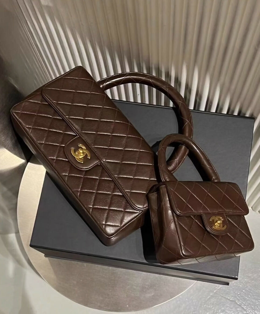Vintage Chanel Kelly Mother and Daughter Flap Bag Set Brown Lambskin Gold Hardware
