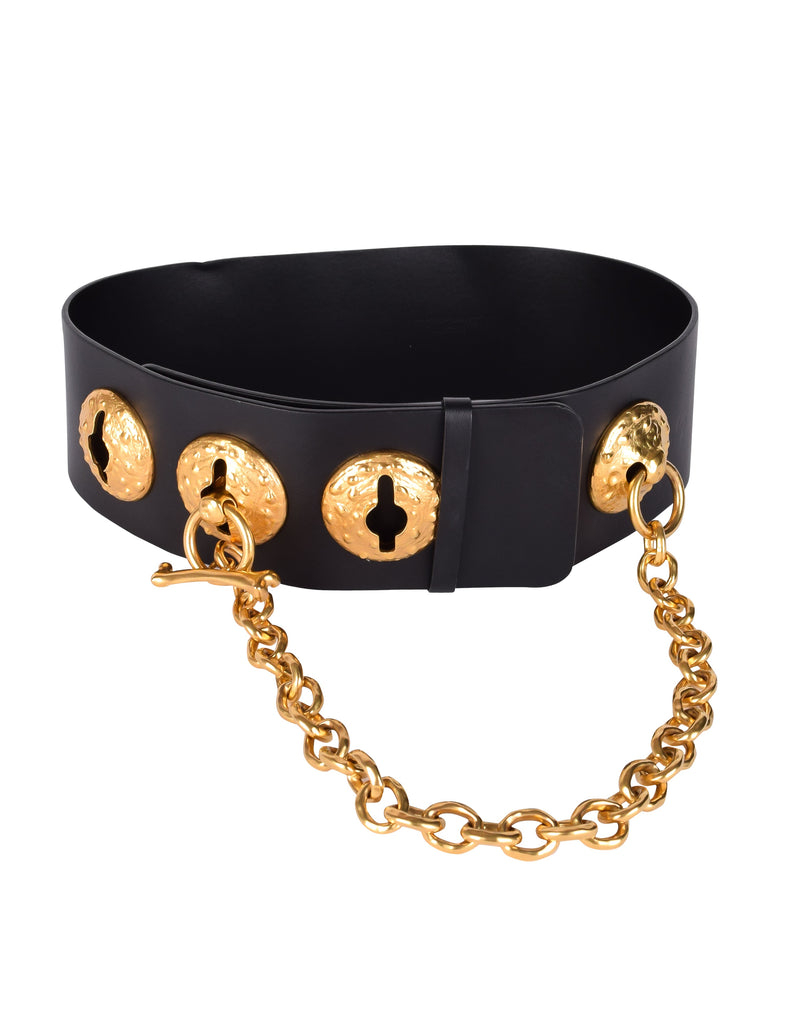 Schiaparelli SS 2022 Surrealist Golden Nipples Black Leather Wide Waist Belt