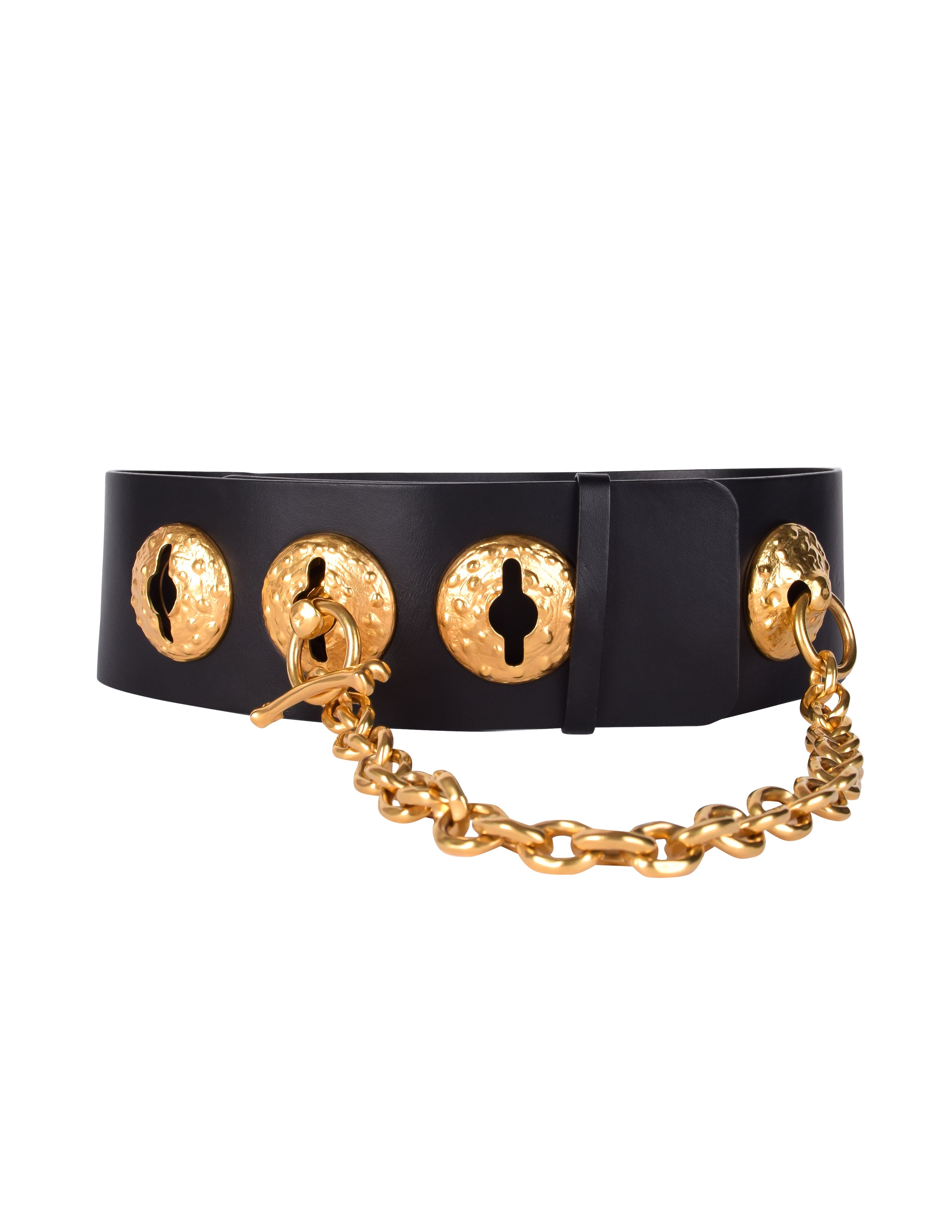 Schiaparelli SS 2022 Surrealist Golden Nipples Black Leather Wide Waist Belt