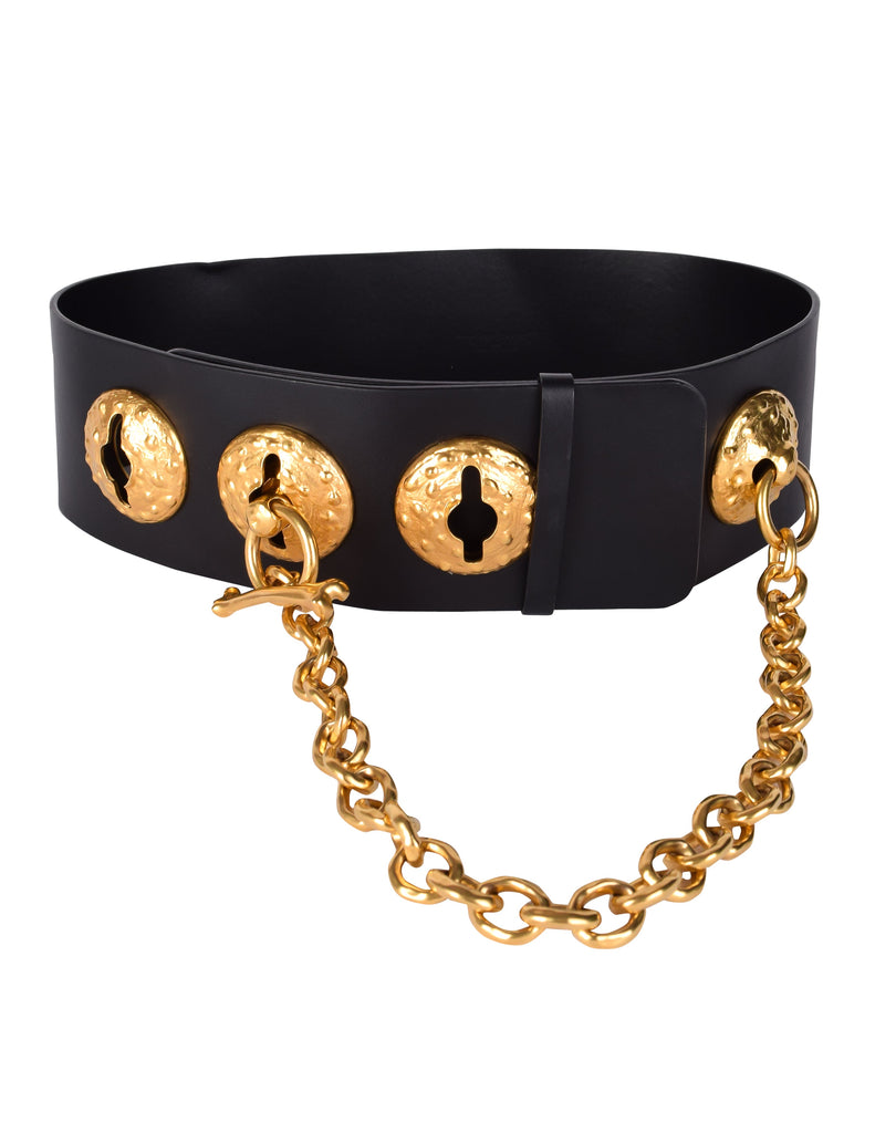 Schiaparelli SS 2022 Surrealist Golden Nipples Black Leather Wide Waist Belt