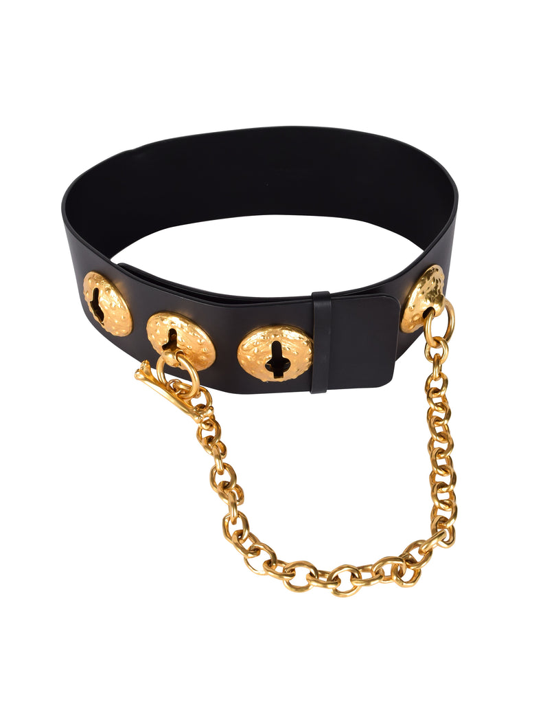 Schiaparelli SS 2022 Surrealist Golden Nipples Black Leather Wide Waist Belt