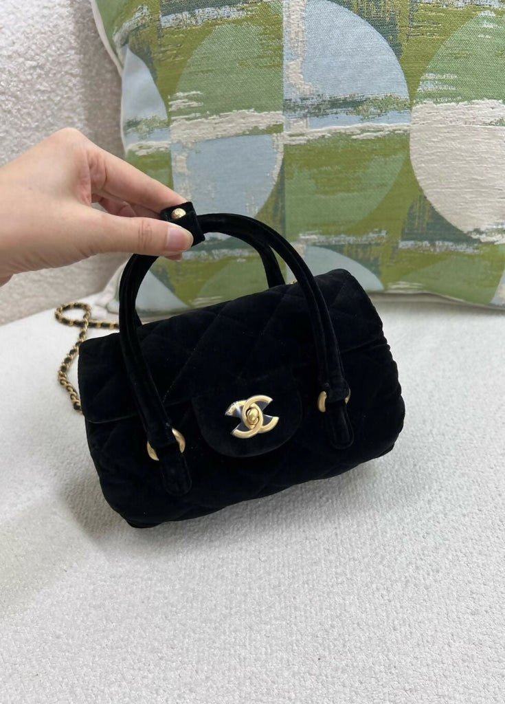 Chanel black velvet mini top handle bag