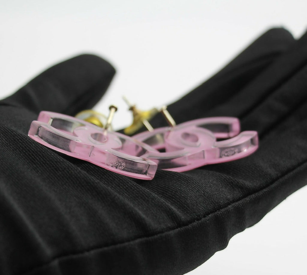 Chanel Vintage 07P Resin Pink and Clear Large CC Drop Hoop Earrings