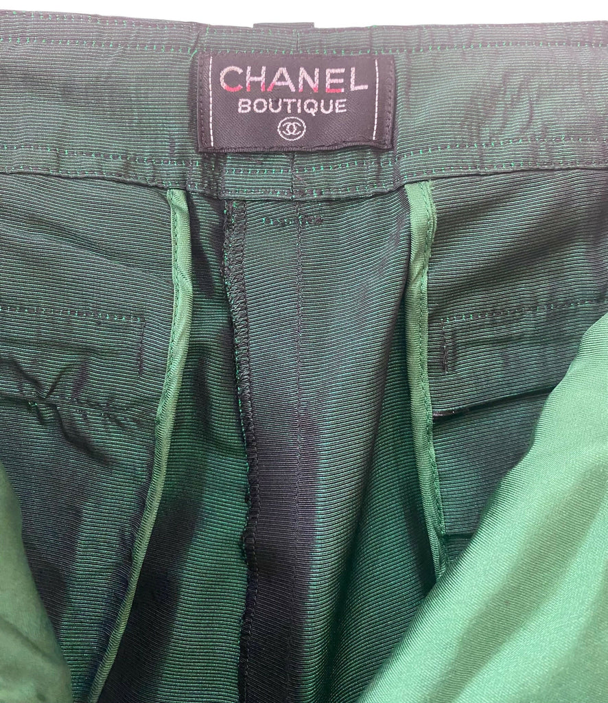 Vintage Chanel 96A Runway Iridescent Green Cargo Army Pants Trousers FR 34/36