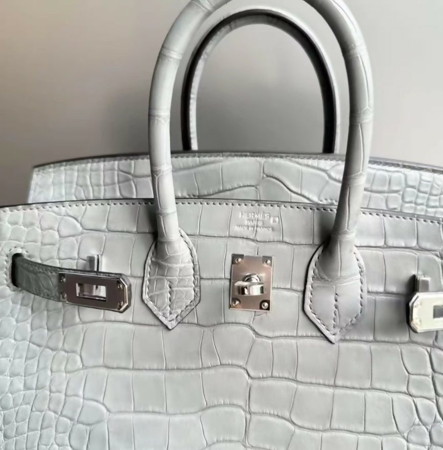Hermes Birkin 25 gris perle matte crocodile leather palladium hardware