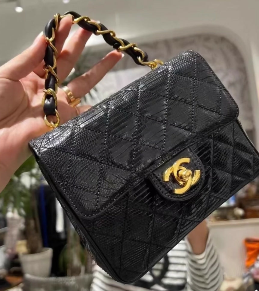 Chanel Vintage Black Lizard Leather Mini Square Flap Bag with Gold Hardware