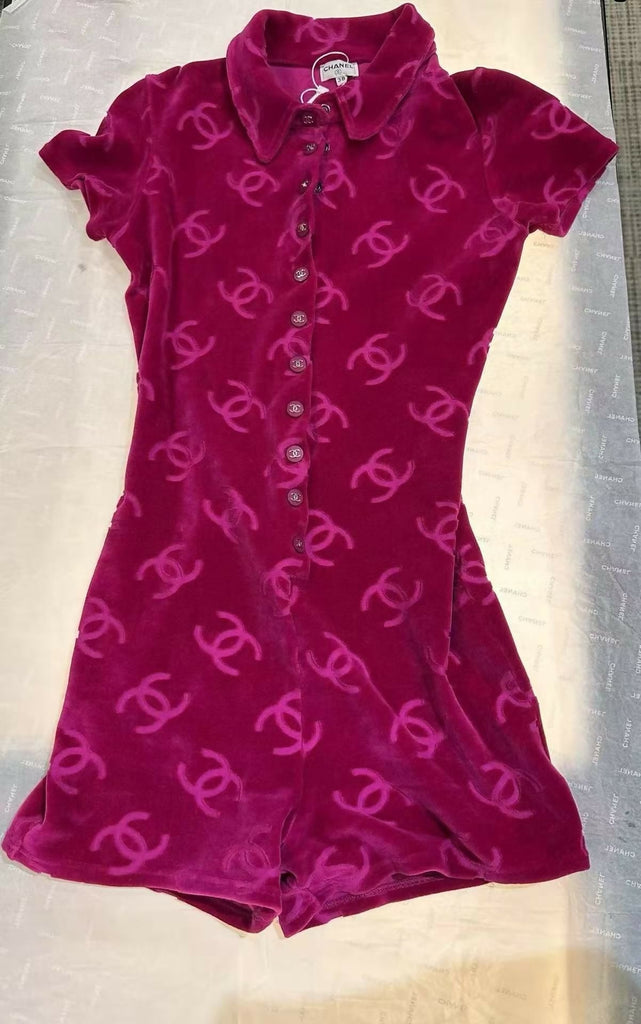Ultra-Rare Chanel 1996 Velour Playsuit in Pink (Size 38)