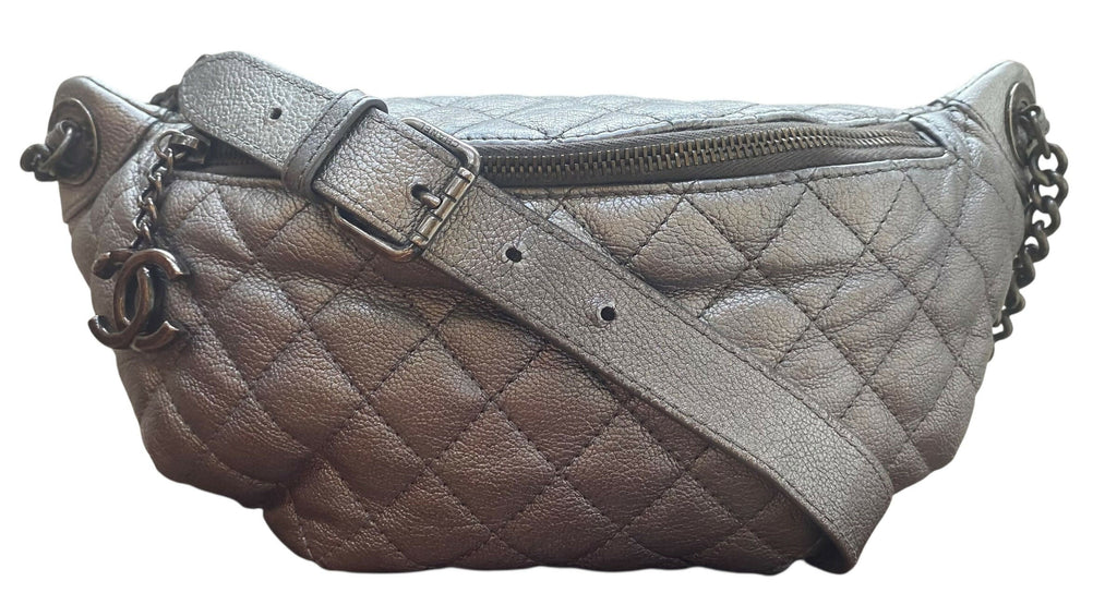 Chanel Classic Quilted Metallic Silver Goatskin Banana Waist Bag Fanny Pack