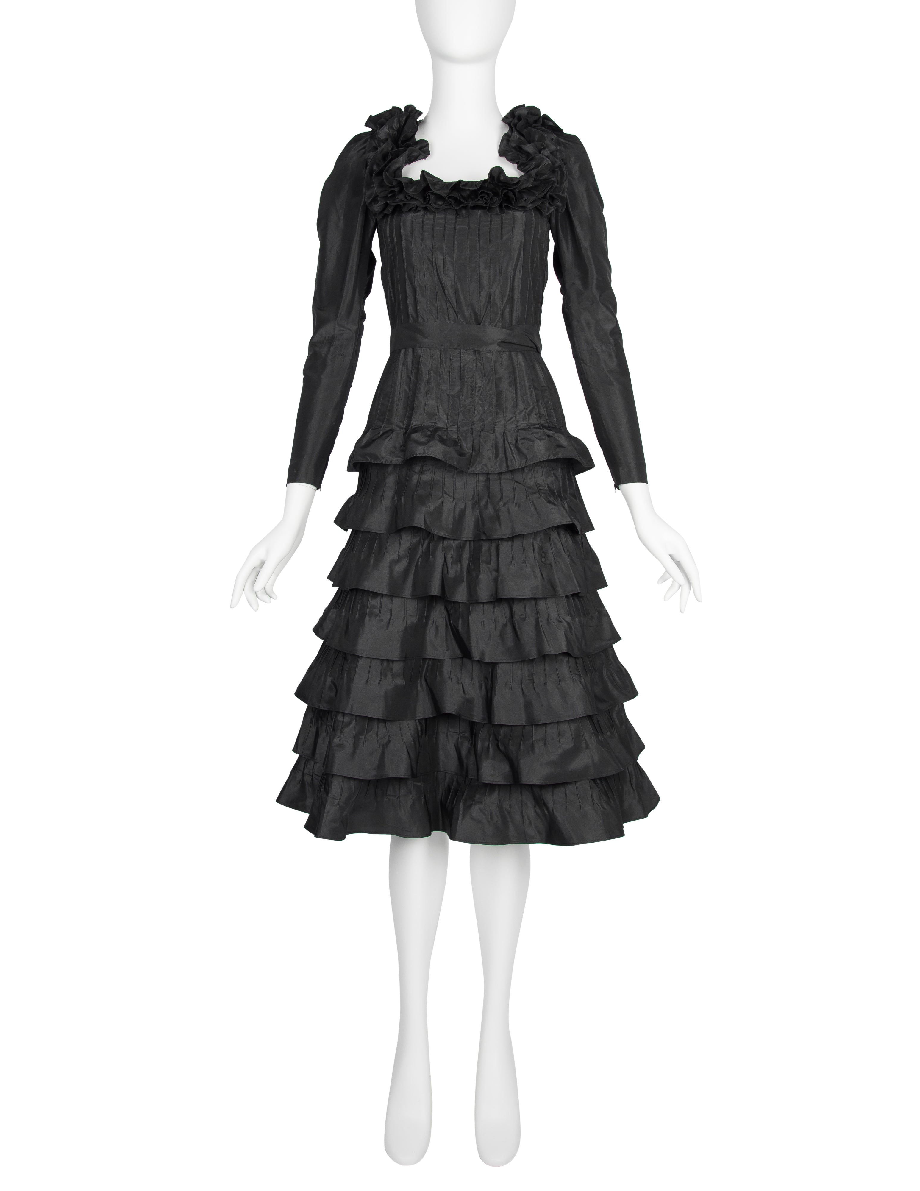 Yves Saint Laurent Haute Couture Vintage AW 1971 Black Silk Taffeta Ruffled Dress