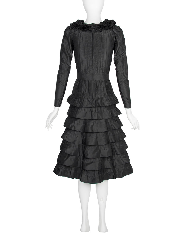 Yves Saint Laurent Haute Couture Vintage AW 1971 Black Silk Taffeta Ruffled Dress