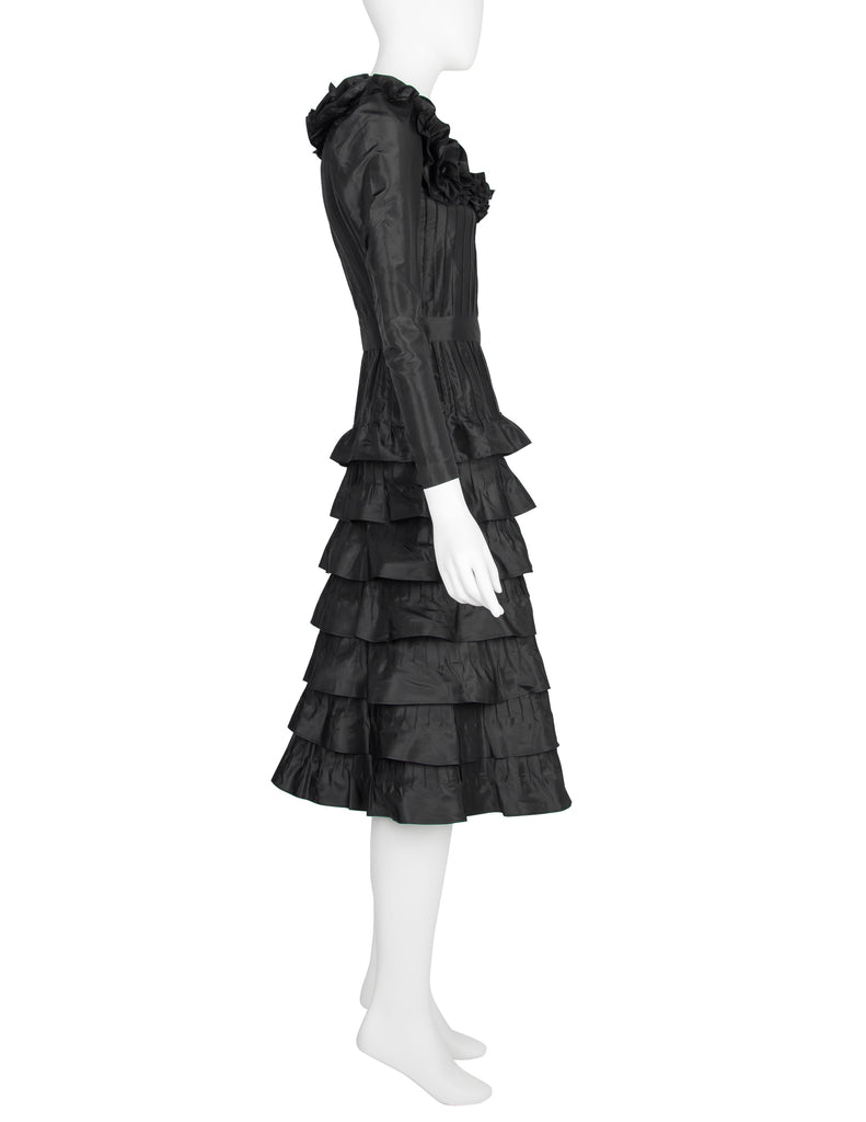 Yves Saint Laurent Haute Couture Vintage AW 1971 Black Silk Taffeta Ruffled Dress