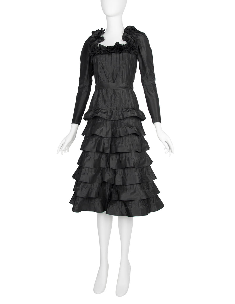 Yves Saint Laurent Haute Couture Vintage AW 1971 Black Silk Taffeta Ruffled Dress