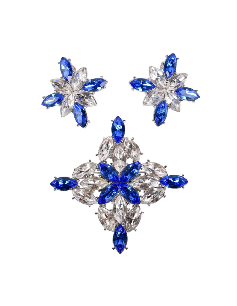 Yves Saint Laurent Vintage Numbered Large Blue Clear Crystal Brooch and Earrings Set