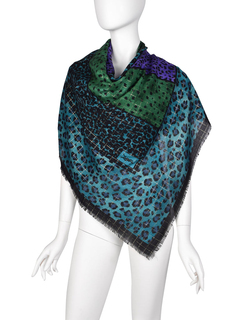 Yves Saint Laurent Vintage 1980s Purple Teal Green Black Leopard Print Golden Lurex Large Wool Pashmina Shawl Scarf