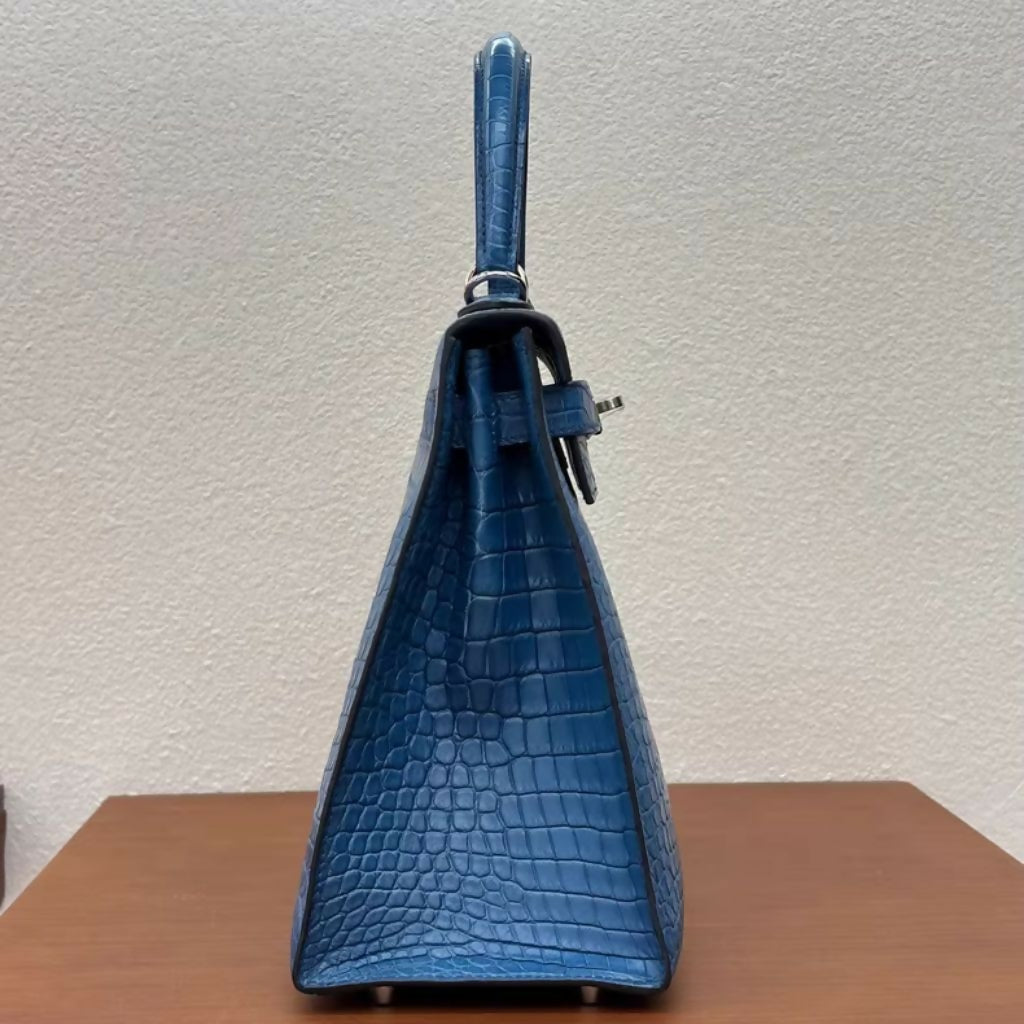 Hermès Kelly 28 Blue Izmir Matte crocodile Leather Palladium Hardware