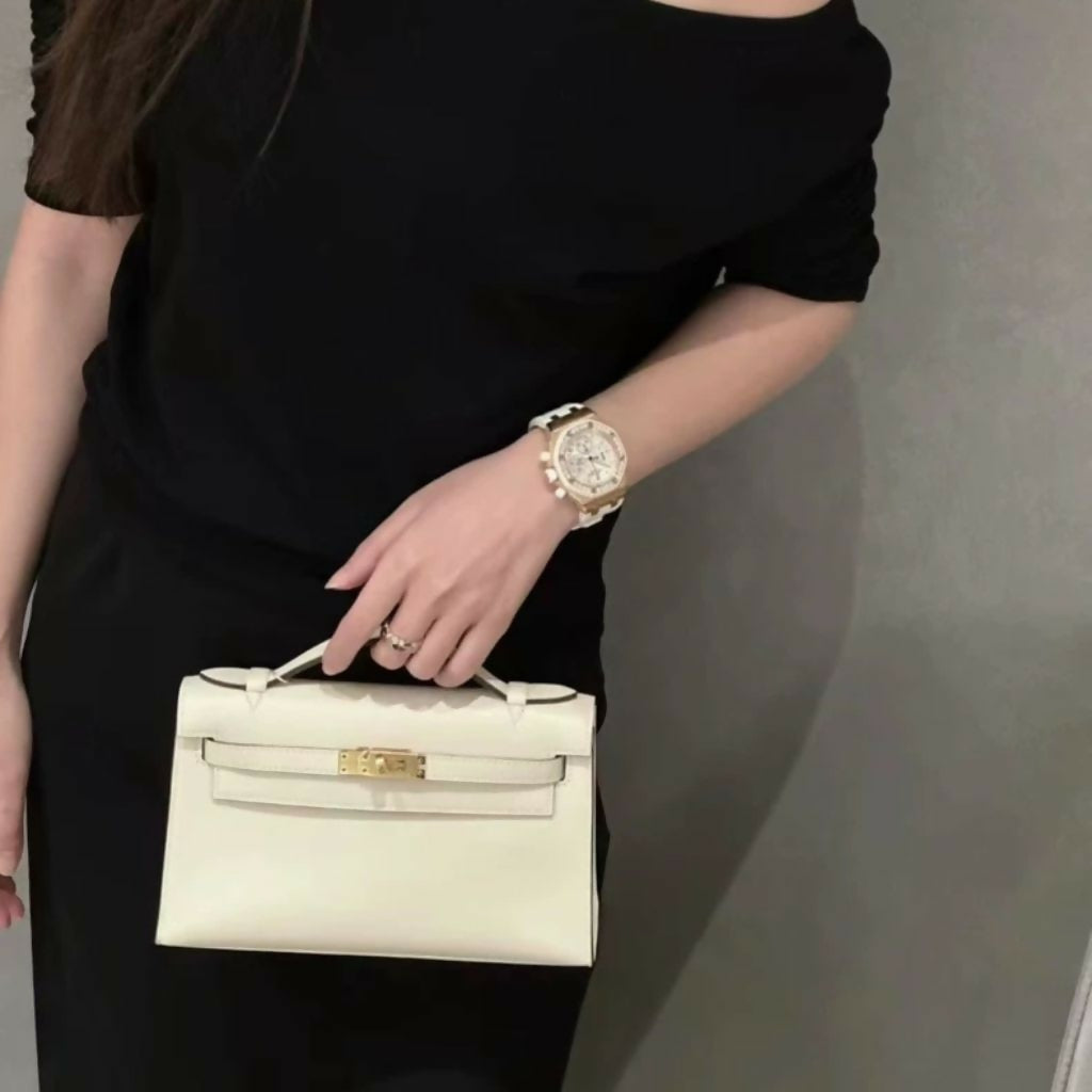 Hermes Mini Kelly Pochette Pure White  Swift Leather Gold Hardware