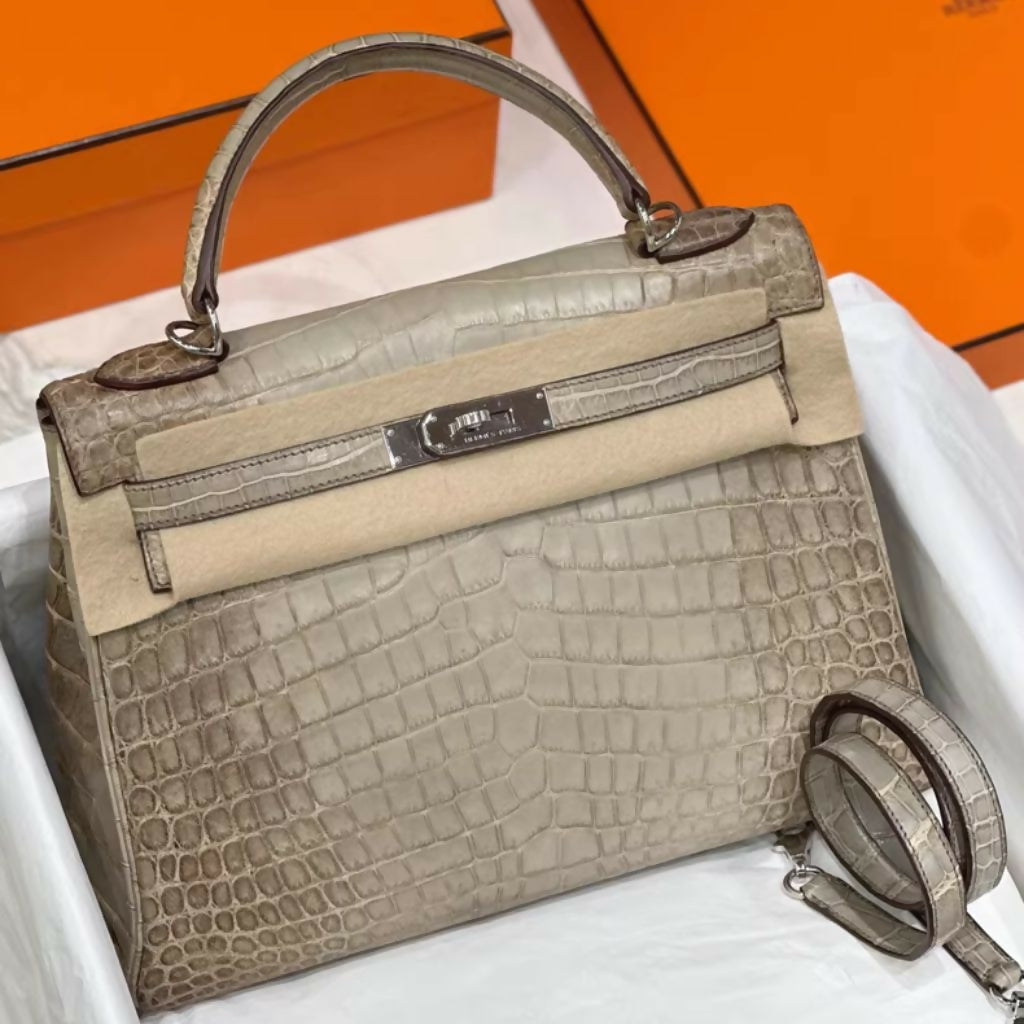 Hermes Kelly 32 Retourne Himalaya Gris Cendre Niloticus Matte Palladium Hardware